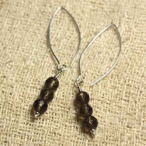 Boucles d'oreilles argent 925 crochets 40mm - quartz fumé facetté 6mm
