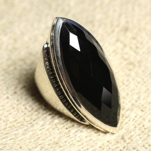 N348 - bague argent 925 onyx noir facetté marquise 34x14mm