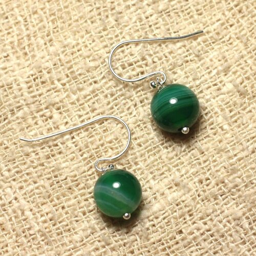 Boucles d'oreilles argent 925 et pierre - agate verte 10mm