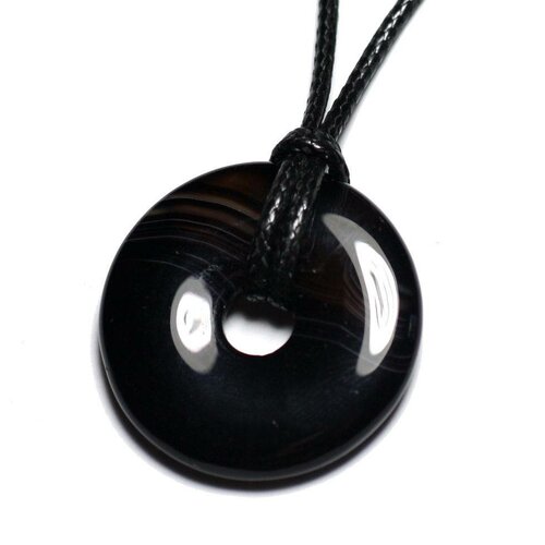 Collier pendentif pierre semi précieuse - agate noire donut pi 30mm