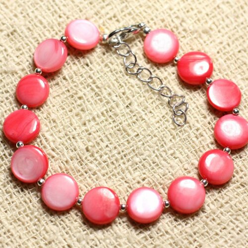 Bracelet argent 925 et nacre palets 10mm rose corail pêche