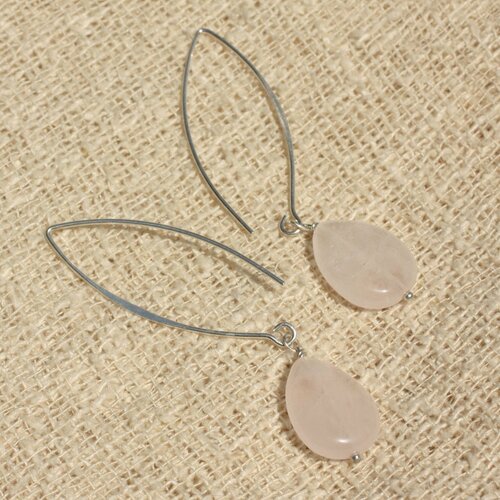 Boucles d'oreilles argent 925 et pierre - quartz rose gouttes plates 16x12mm