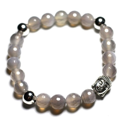 Bracelet bouddha et pierre semi précieuse - agate grise facettée