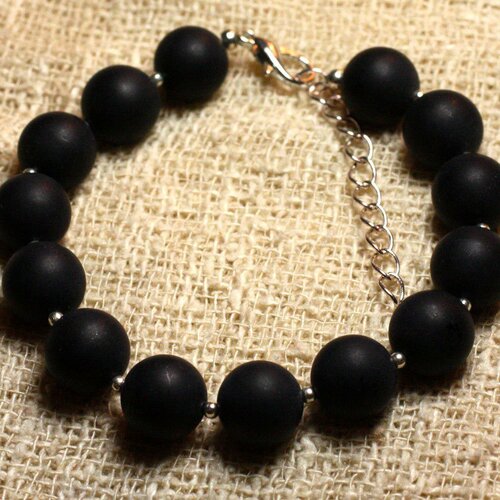 Bracelet argent 925 et pierre - onyx noir mat 10mm