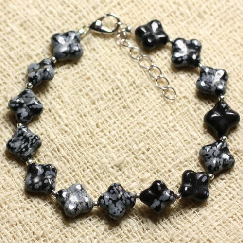 Bracelet argent 925 et pierre - obsidienne flocon mouchetée trèfles 9-10mm