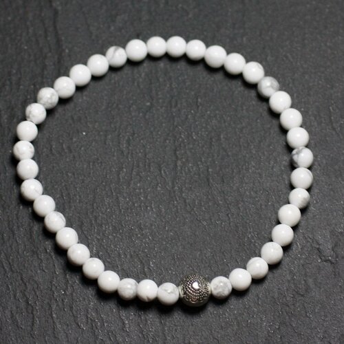 Bracelet pierre semi précieuse howlite 4mm et perle argentée