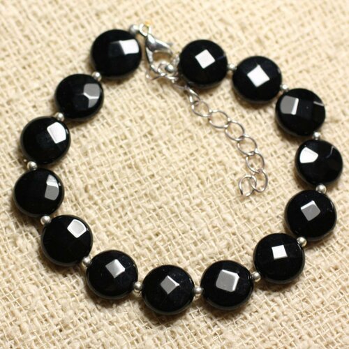 Bracelet argent 925 et pierre - onyx noir palets facettés 10mm