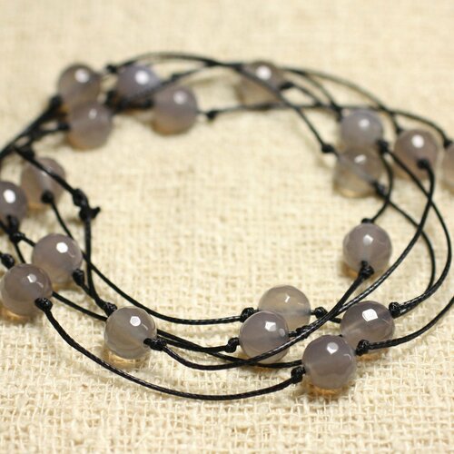 Collier sautoir coton et pierre semi précieuse agate grise facettée