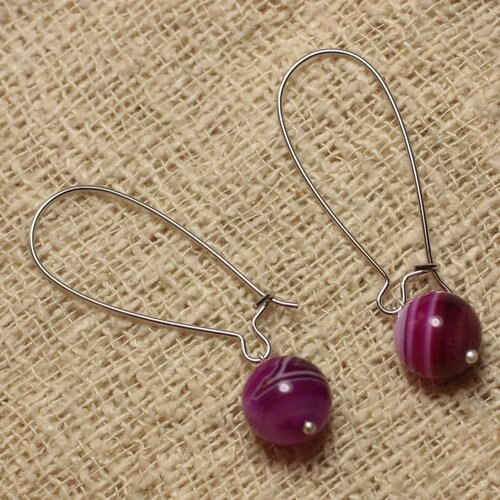 Boucles d'oreilles agate fuchsia et longs crochets argentés