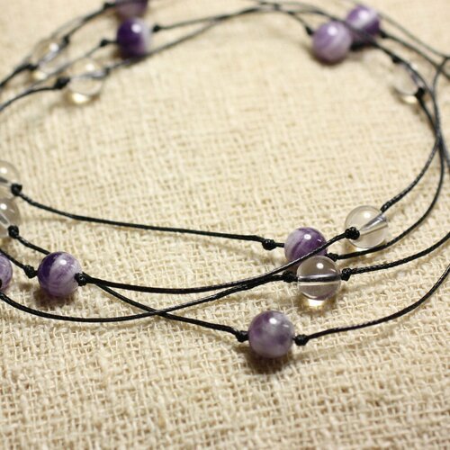 Collier sautoir pierres, améthyste et cristal quartz