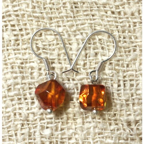 Boucles d'oreilles ambre cognac facettée et argent 925 ambre orange / bronze