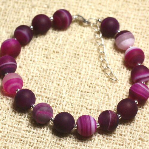 Bracelet argent 925 et pierre semi précieuse - agate rose fuchsia mat 8mm