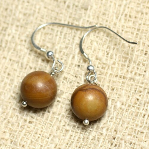 Boucles d'oreilles argent 925 et pierre - jaspe bois boules 10mm