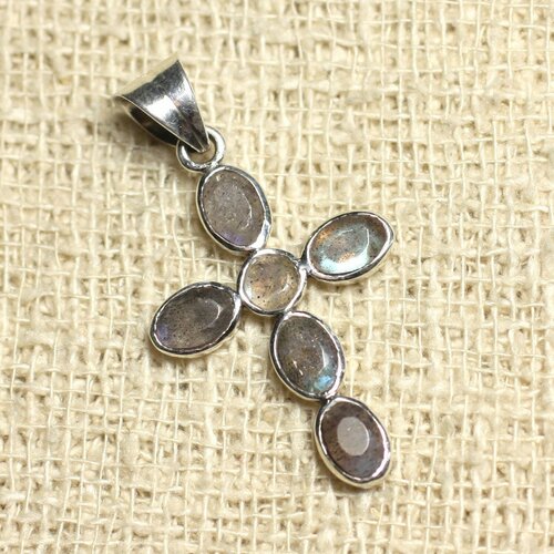 Pendentif argent 925 et pierre croix 30mm labradorite facettée