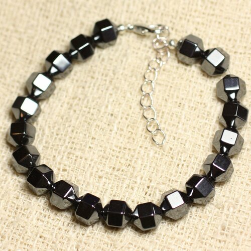 Bracelet argent 925 et pierre - hématite boules facettées 8mm