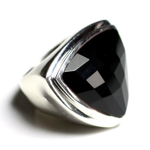 N347 - bague argent 925 et pierre - onyx noir triangle facetté 21mm
