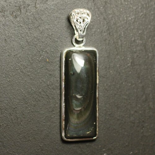 N50 - pendentif argent 925 et pierre - obsidienne arc en ciel oeil céleste rectangle 36x14mm