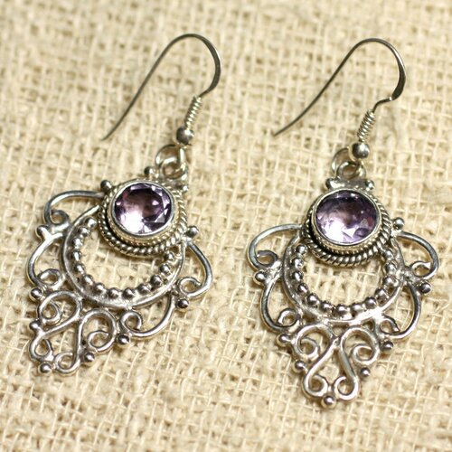 Bo204 - boucles d'oreilles argent 925 et pierre 30mm arabesques améthyste facettée