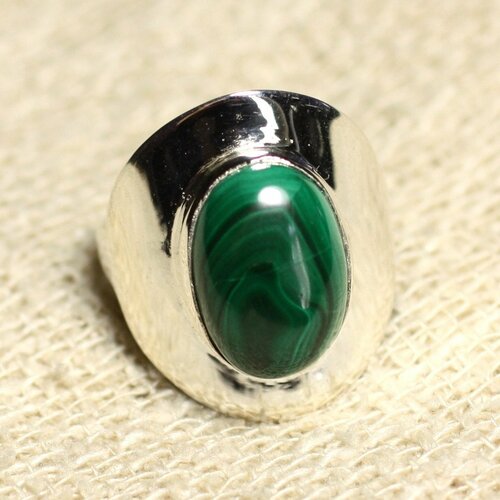 N124 - bague argent 925 et pierre - malachite ovale 14x10mm