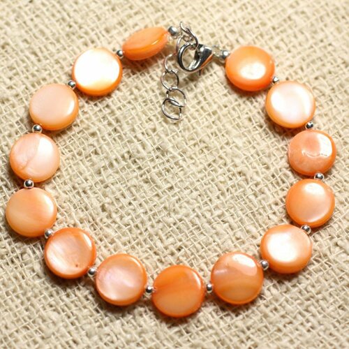 Bracelet argent 925 et nacre palets 10mm orange
