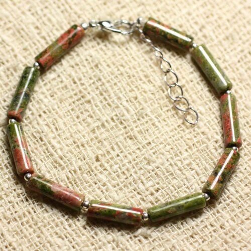 Bracelet argent 925 et pierre semi précieuse - unakite tubes 13mm