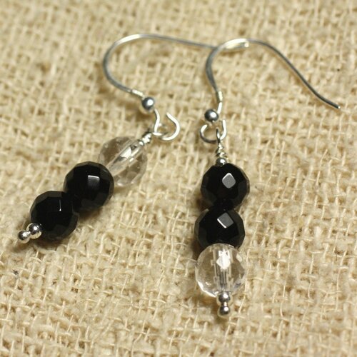 Boucles d'oreilles argent 925 - onyx noir et cristal quartz rondes facettées 6mm
