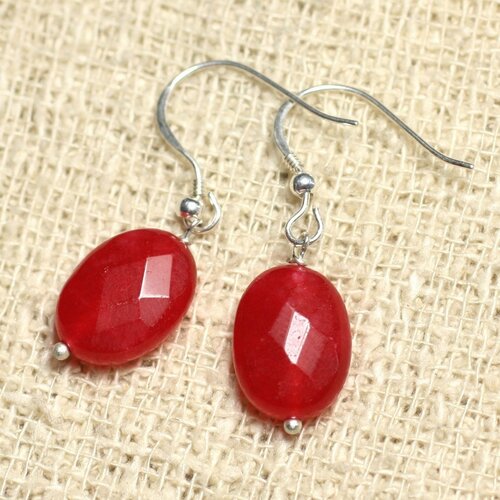 Boucles d'oreilles argent 925 et pierre - jade rouge ovales facettés 14mm