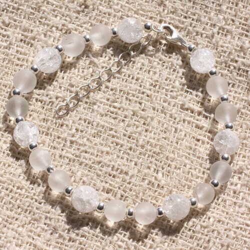Bracelet argent 925 et pierre - cristal de roche quartz mat et craquelé 6-7mm