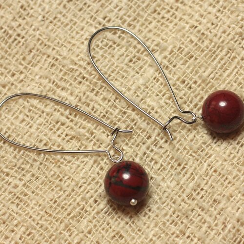 Boucles d'oreilles métal argenté et pierre - jaspe rouge poppy 10mm
