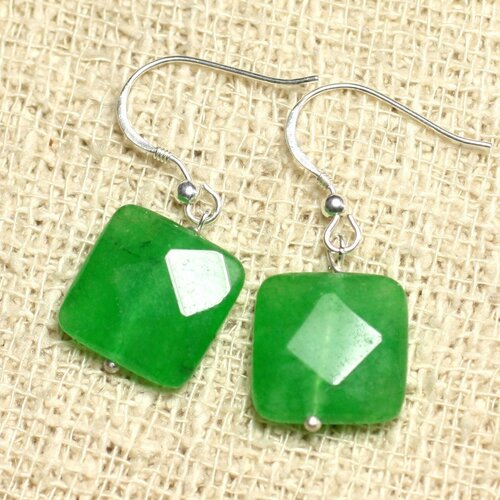 Boucles d'oreilles argent 925 et pierre - jade verte carrés facettés 14mm