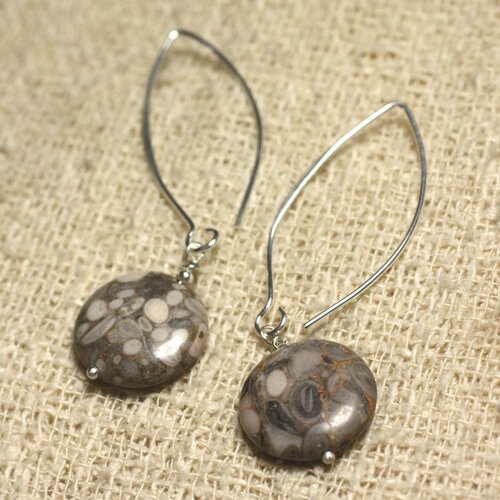 Boucles d'oreilles argent 925 crochets 40mm - jaspe océan palets 16mm