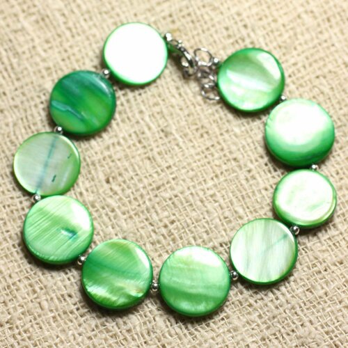 Bracelet argent 925 et nacre palets 15mm vert