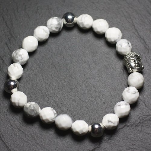Bracelet bouddha et pierre semi précieuse - howlite facettée 8mm