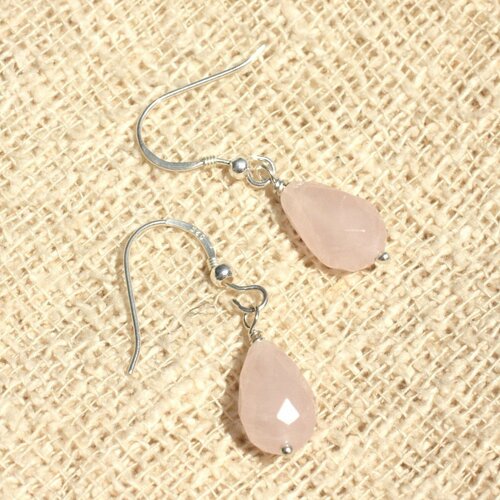 Boucles d'oreilles argent 925 et pierre - quartz rose gouttes facettées 12x8mm