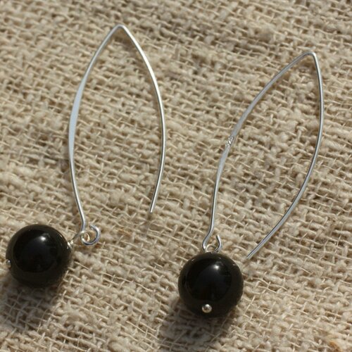 Boucles d'oreilles argent 925 40mm - obsidienne noire 10mm