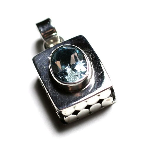 Pe111 - pendentif argent 925 et pierre - rectangle 15mm topaze bleue