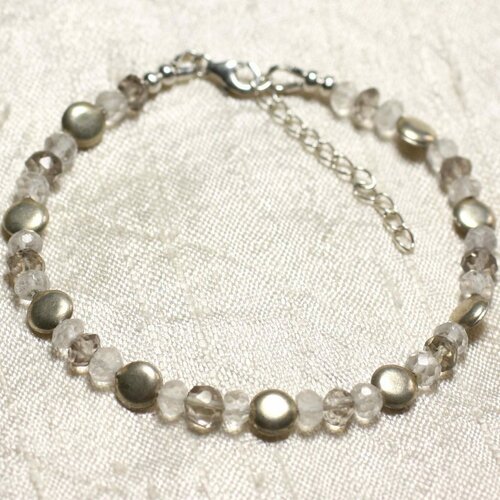 Bracelet argent 925 et pierres cristal de roche et quartz fumé facettés 5x3mm