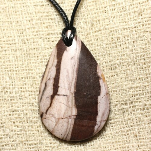 Collier pendentif en pierre - jaspe zèbre brun goutte 52mm