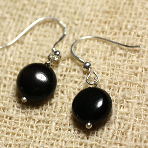 Boucles d'oreilles argent 925 - obsidienne noire palets 10mm