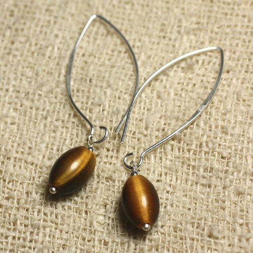 Boucles d'oreilles argent 925 crochets 40mm - oeil de tigre olives 12x8mm