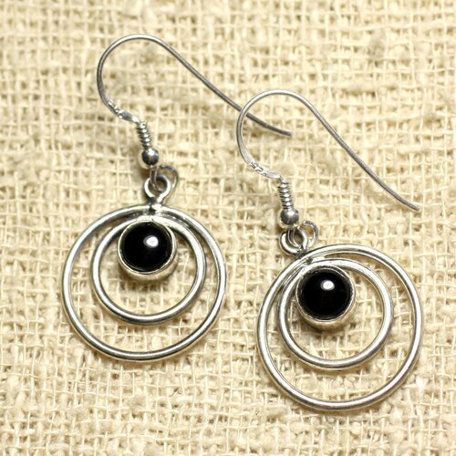 Bo202 - boucles d'oreilles argent 925 cercles 19mm onyx
