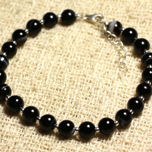Bracelet argent 925 et pierre - agate noire 6mm