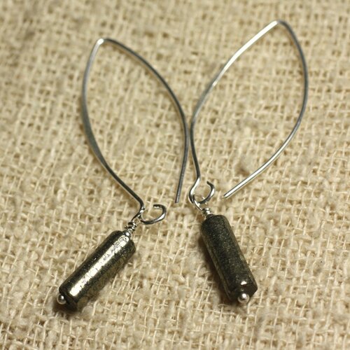 Boucles d'oreilles argent 925 crochets 40mm - pyrite dorée colonnes 13x4mm