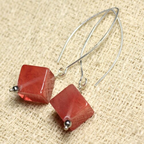 Boucles d'oreilles argent 925 et pierre - quartz cerise cubes 15mm
