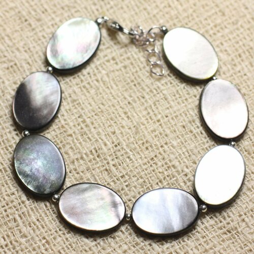 Bracelet argent 925 et coquillage nacre naturelle ovales 18x13mm gris noir argenté irisé