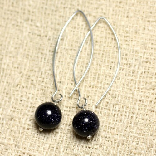 Boucles d'oreilles argent 925 et pierre - pierre de soleil synthèse galaxy boules 10mm