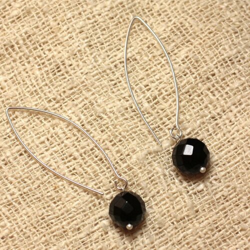 Boucles d'oreilles argent 925 et onyx noir facetté 10mm