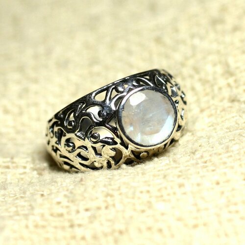 N112 - bague argent 925 filigrane arabesques - pierre de lune rond facetté 8mm