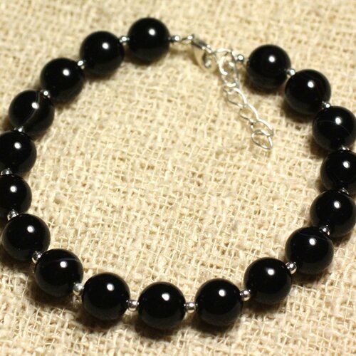 Bracelet argent 925 et pierre semi précieuse - agate noire 8mm