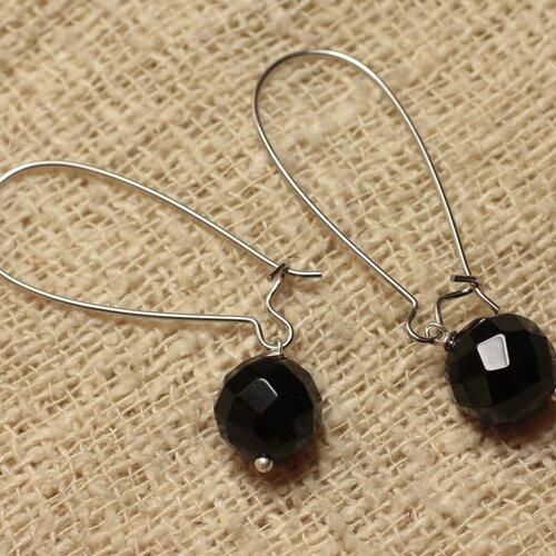 Boucles d'oreilles onyx noir facetté 10mm et longs crochets argentés